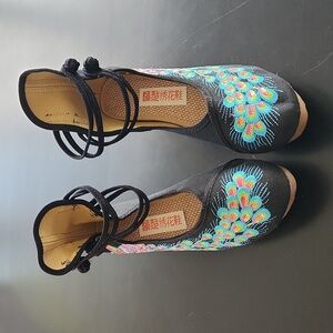 Stunning Peacock Embossed Wedges with Ankle Straps